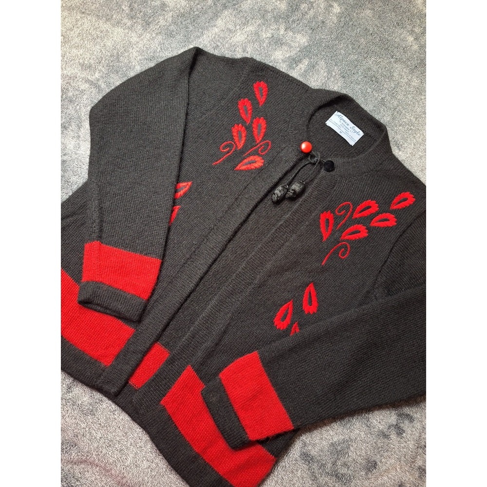 Alpaca‎ Style Embroidered 100% Alpaca Cardigan Sweater Womens M Black Red